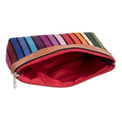 Alternate image for Colorful Hand-Woven Cotton Cosmetic Bag with Leather Trim Multicolored Ocean