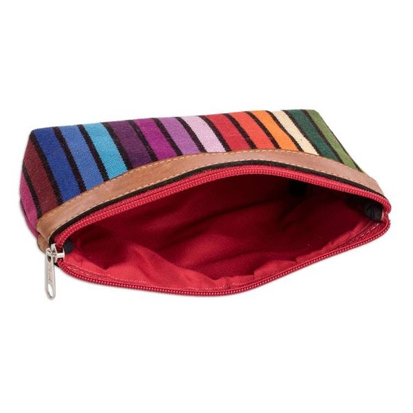 Alternate image for Colorful Hand-Woven Cotton Cosmetic Bag with Leather Trim Multicolored Ocean