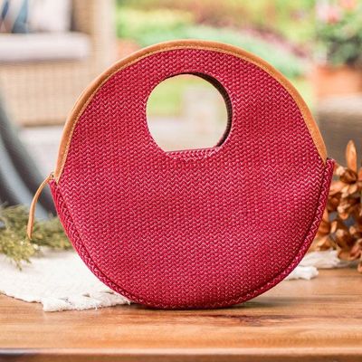 Alternate image for Round Caramel Leather-Accented Cotton Handle Bag in Red Romantic Circle