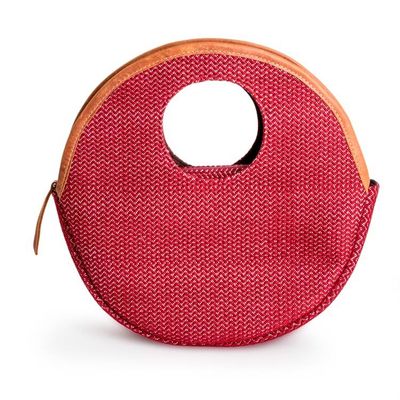 Alternate image for Round Caramel Leather-Accented Cotton Handle Bag in Red Romantic Circle