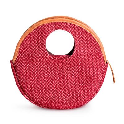 Alternate image for Round Caramel Leather-Accented Cotton Handle Bag in Red Romantic Circle