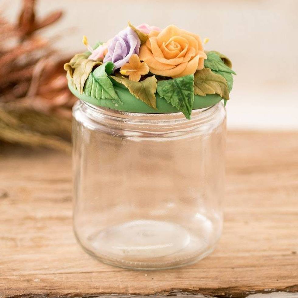Hand-Painted Papier Mache Floral and Leaf Decorative Jar 'Among Flowers'