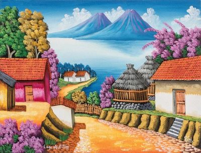 Alternate image for Signed Oil Painting of Lake Atitlan in Jewel Colors Lake Atitlan II