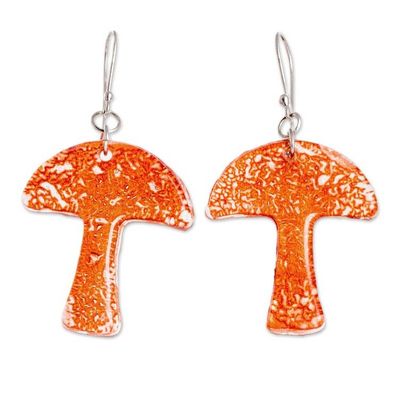 Alternate image for Mushroom-Shaped Orange Recycled CD Dangle Earrings Tiny Nature in Orange