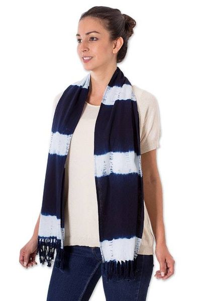Alternate image for Tie-Dyed Indigo and White Cotton Scarf with Fringes Indigo Time