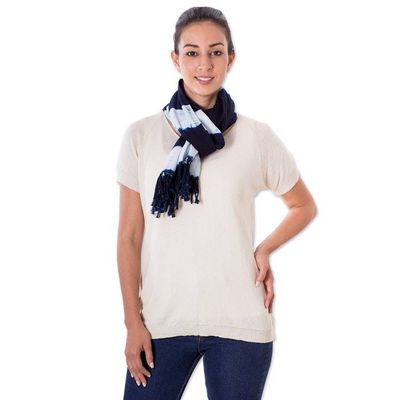 Alternate image for Tie-Dyed Indigo and White Cotton Scarf with Fringes Indigo Time