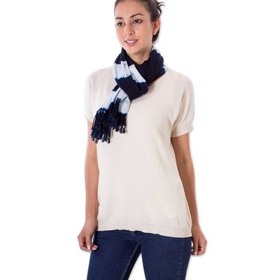 Alternate image for Tie-Dyed Indigo and White Cotton Scarf with Fringes Indigo Time