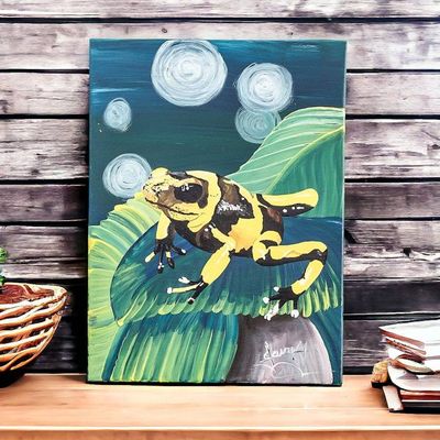 Primary image for Stretched Impressionist Green and Yellow Frog Painting Golden Dart Frog