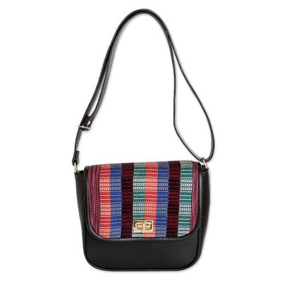 Alternate image for Black Faux Leather-Accented Striped Cotton Sling Bag Nocturnal Guatemala