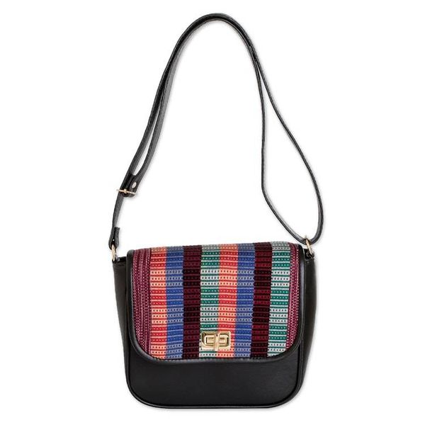 Alternate image for Black Faux Leather-Accented Striped Cotton Sling Bag Nocturnal Guatemala