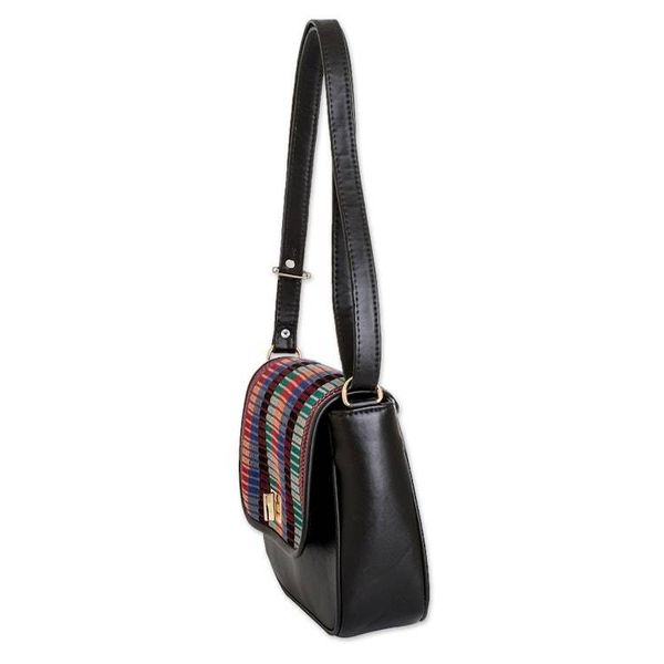 Alternate image for Black Faux Leather-Accented Striped Cotton Sling Bag Nocturnal Guatemala