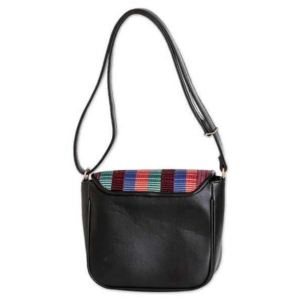 Alternate image for Black Faux Leather-Accented Striped Cotton Sling Bag Nocturnal Guatemala