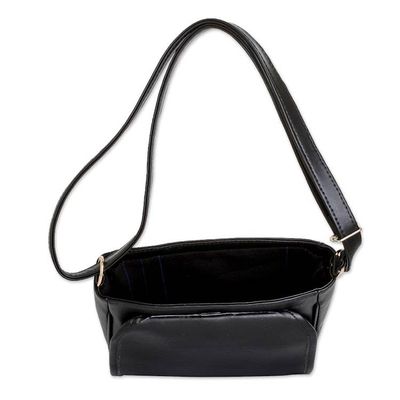 Alternate image for Black Faux Leather-Accented Striped Cotton Sling Bag Nocturnal Guatemala