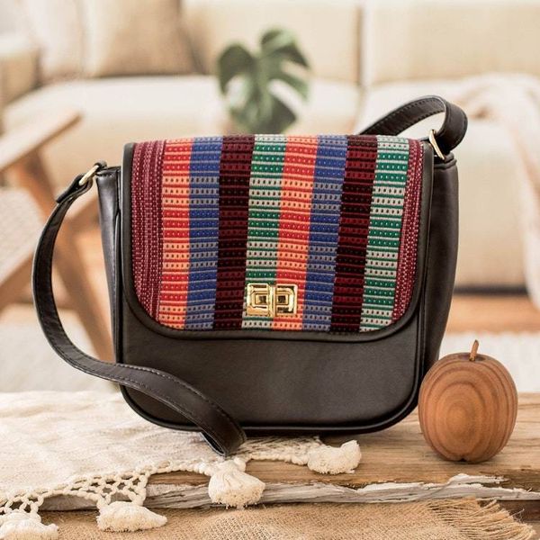 Alternate image for Black Faux Leather-Accented Striped Cotton Sling Bag Nocturnal Guatemala