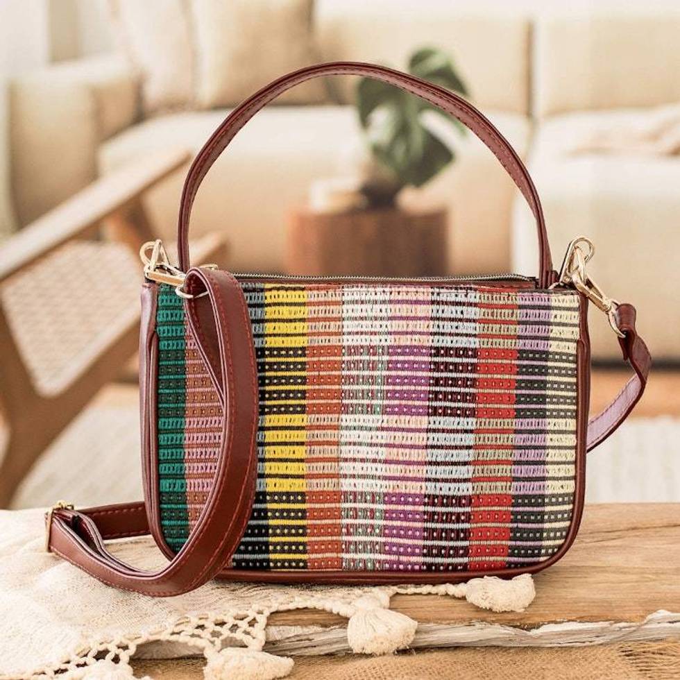 Faux Leather-Accented Colorful Striped Cotton Shoulder Bag 'Paths of This Land'