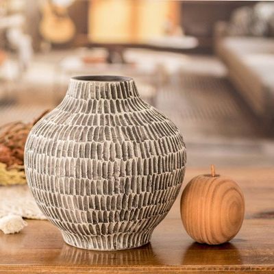 Alternate image for Hand-Painted Textured Ceramic Vase in Ivory and Black Exquisite Shape in Black