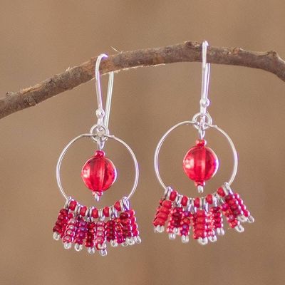 Alternate image for Red Beaded Stainless Steel and Sterling Silver Earrings Red Waterfall