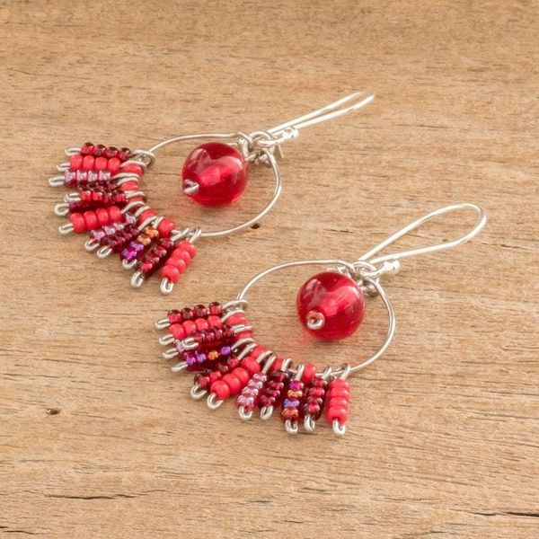 Alternate image for Red Beaded Stainless Steel and Sterling Silver Earrings Red Waterfall
