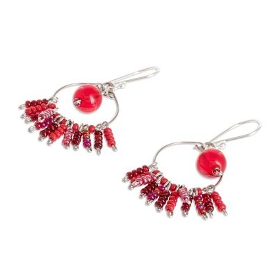 Alternate image for Red Beaded Stainless Steel and Sterling Silver Earrings Red Waterfall