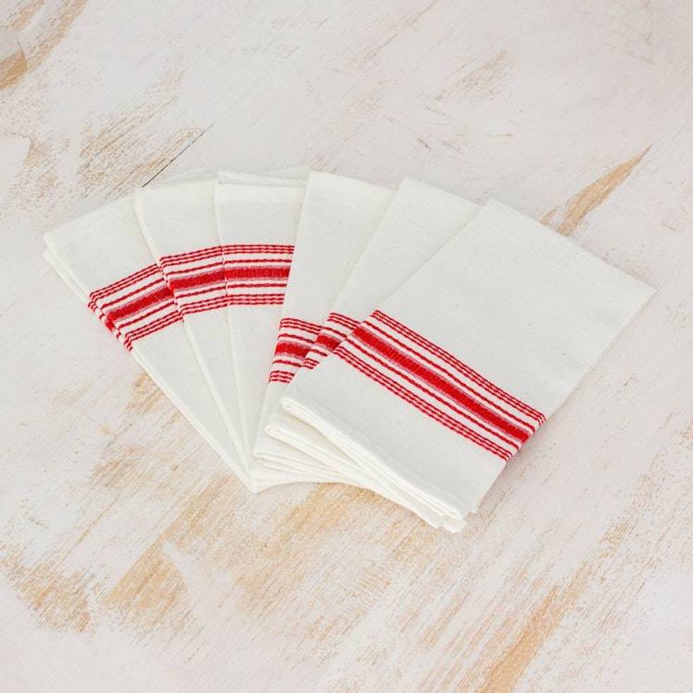 Red and White Striped Cotton Napkins Set of 6 'Peaceful Lines'
