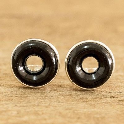 Primary image for Black Jade Sterling Silver Button Earrings from Guatemala Cosmic Eternity