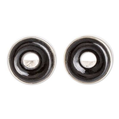 Alternate image for Black Jade Sterling Silver Button Earrings from Guatemala Cosmic Eternity