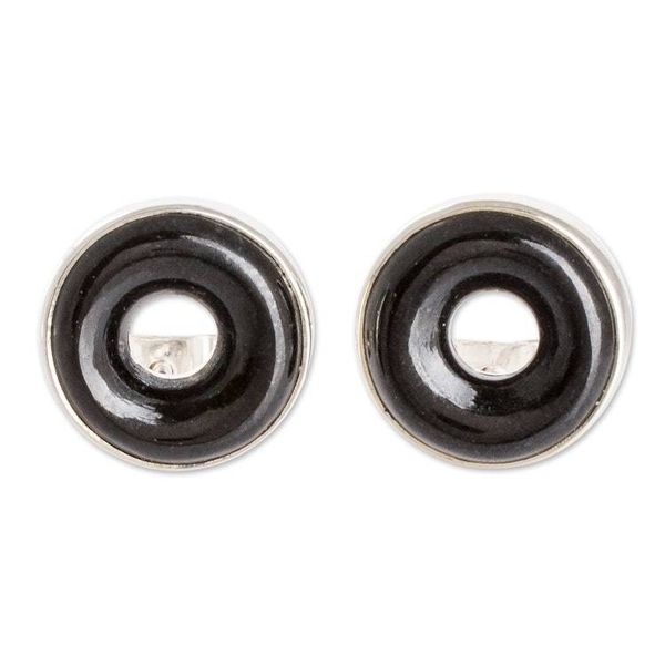 Alternate image for Black Jade Sterling Silver Button Earrings from Guatemala Cosmic Eternity