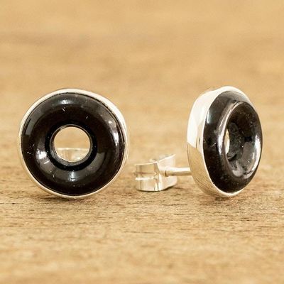 Alternate image for Black Jade Sterling Silver Button Earrings from Guatemala Cosmic Eternity