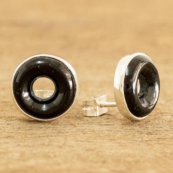 Alternate image for Black Jade Sterling Silver Button Earrings from Guatemala Cosmic Eternity