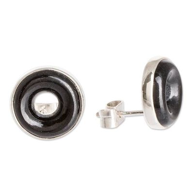 Alternate image for Black Jade Sterling Silver Button Earrings from Guatemala Cosmic Eternity