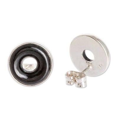 Alternate image for Black Jade Sterling Silver Button Earrings from Guatemala Cosmic Eternity