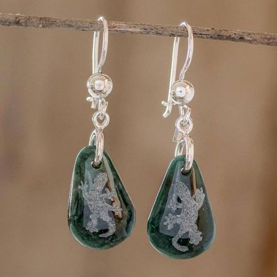 Alternate image for Sterling Silver and Jade Gecko Dangle Earrings Living Nature - Gecko