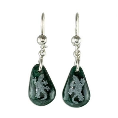 Alternate image for Sterling Silver and Jade Gecko Dangle Earrings Living Nature - Gecko