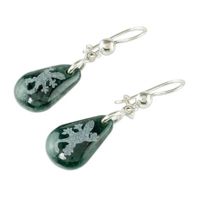 Alternate image for Sterling Silver and Jade Gecko Dangle Earrings Living Nature - Gecko
