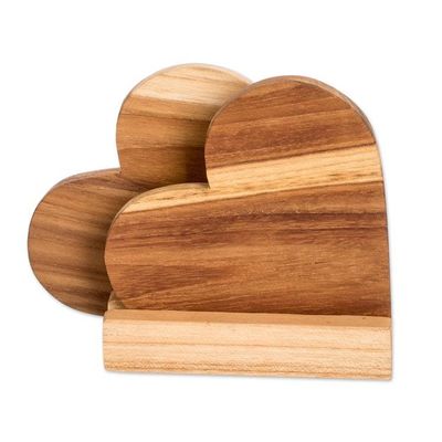 Alternate image for Heart-Shaped Teak Wood Coasters with Base 3 Pieces Love Elixir