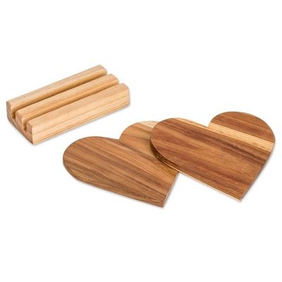 Alternate image for Heart-Shaped Teak Wood Coasters with Base 3 Pieces Love Elixir
