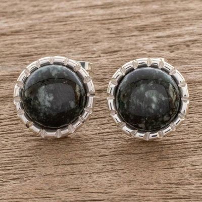 Primary image for Silver Stud Earrings with Very Dark Green Jade Circles Dark Green Moon