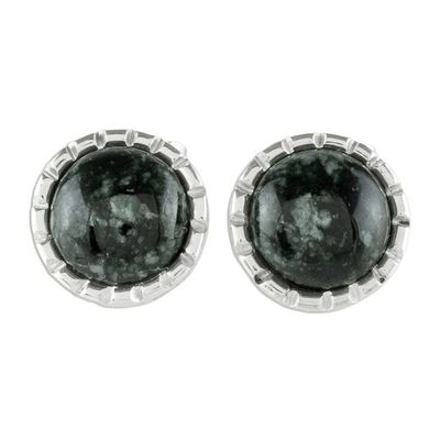 Alternate image for Silver Stud Earrings with Very Dark Green Jade Circles Dark Green Moon