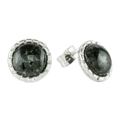 Alternate image for Silver Stud Earrings with Very Dark Green Jade Circles Dark Green Moon
