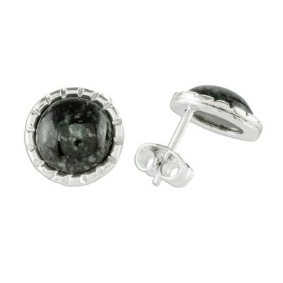 Alternate image for Silver Stud Earrings with Very Dark Green Jade Circles Dark Green Moon