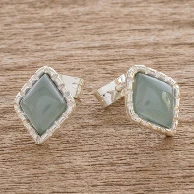 Alternate image for Silver Stud Earrings with Princess Green Jade Diamonds Princess Green Diamond
