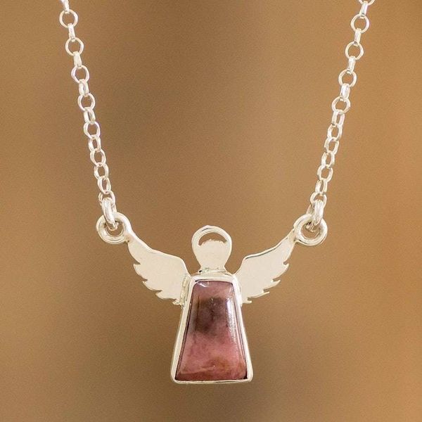 Alternate image for Sterling Silver and Rhodonite Angel Pendant Necklace Earthly Angel