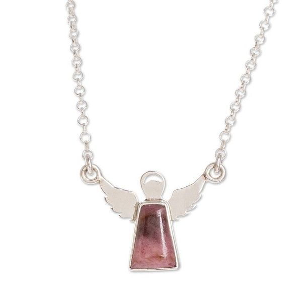 Alternate image for Sterling Silver and Rhodonite Angel Pendant Necklace Earthly Angel