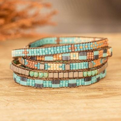 Alternate image for Handmade Turquoise and Brown Glass Beaded Wrap Bracelet Lake Atitlan