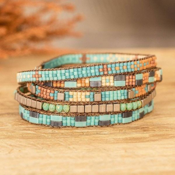 Alternate image for Handmade Turquoise and Brown Glass Beaded Wrap Bracelet Lake Atitlan