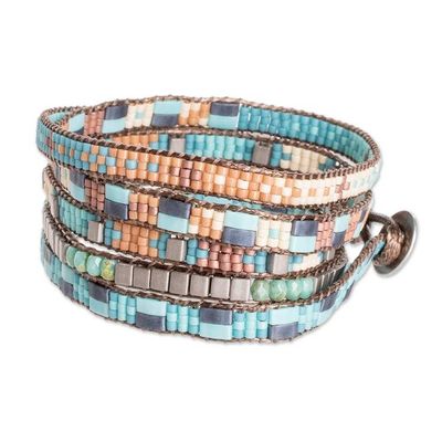 Alternate image for Handmade Turquoise and Brown Glass Beaded Wrap Bracelet Lake Atitlan