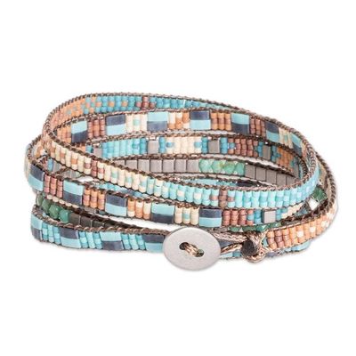 Alternate image for Handmade Turquoise and Brown Glass Beaded Wrap Bracelet Lake Atitlan