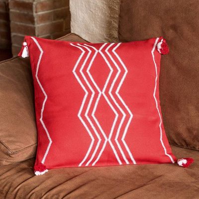 Alternate image for Handloomed Geometric Red and White Cotton Cushion Cover Red Directions