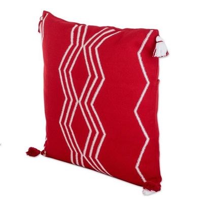 Alternate image for Handloomed Geometric Red and White Cotton Cushion Cover Red Directions