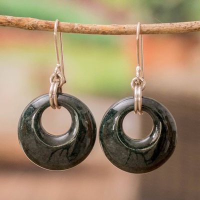 Alternate image for Round Dark Green Jade Sterling Silver Dangle Earrings Glowing Dark Green